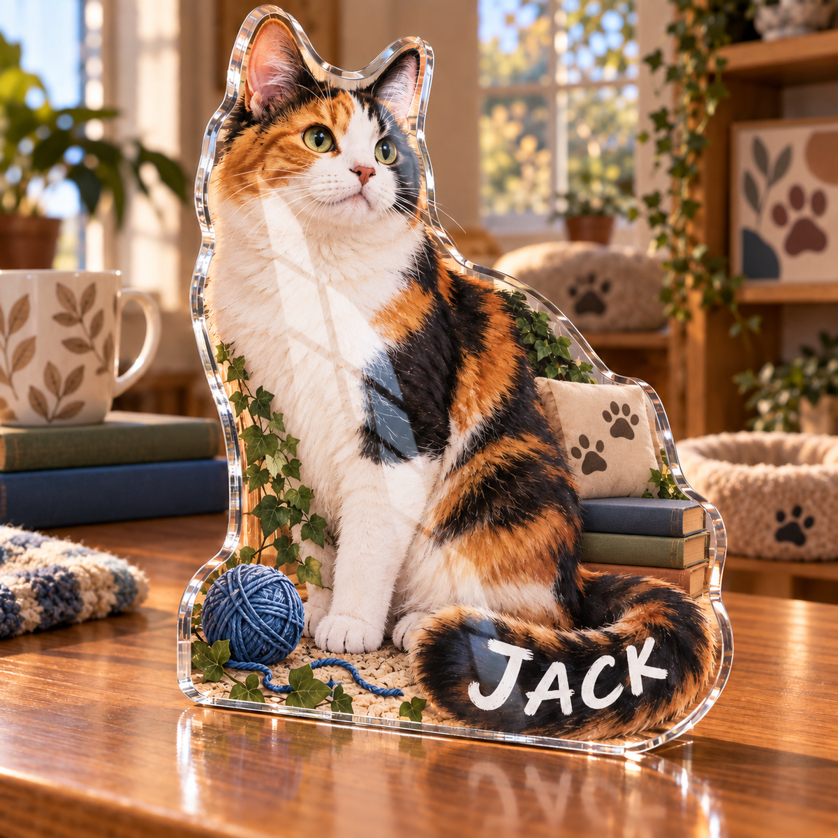 Artwork visualization: Calico cat — pet room decoration, personalized JACK, subject-shaped acrylic with printed optical 3D depth; not carved relief.