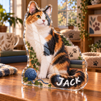 Artwork visualization: Calico cat — pet room decoration, personalized JACK, subject-shaped acrylic with printed optical 3D depth; not carved relief.