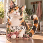 Artwork visualization: Calico cat — pet sitter appreciation, personalized AURORA, subject-shaped acrylic with printed optical 3D depth; not carved relief.