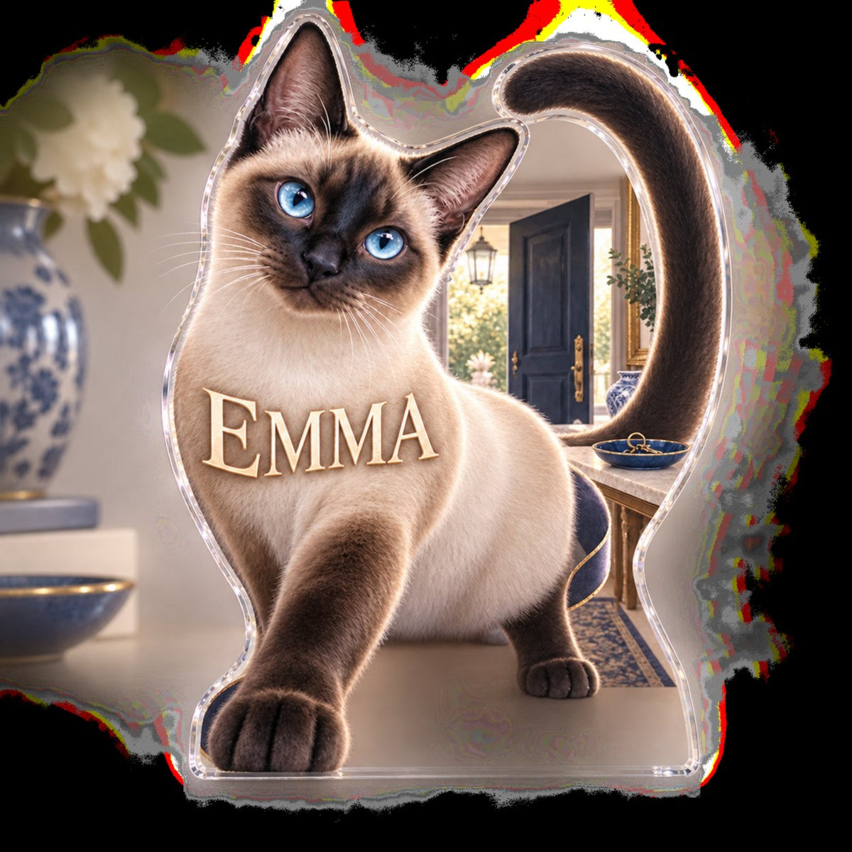 Personalized Siamese Cat Household Welcome Decor custom shape acrylic plaque with an example name set into the artwork, digital preview