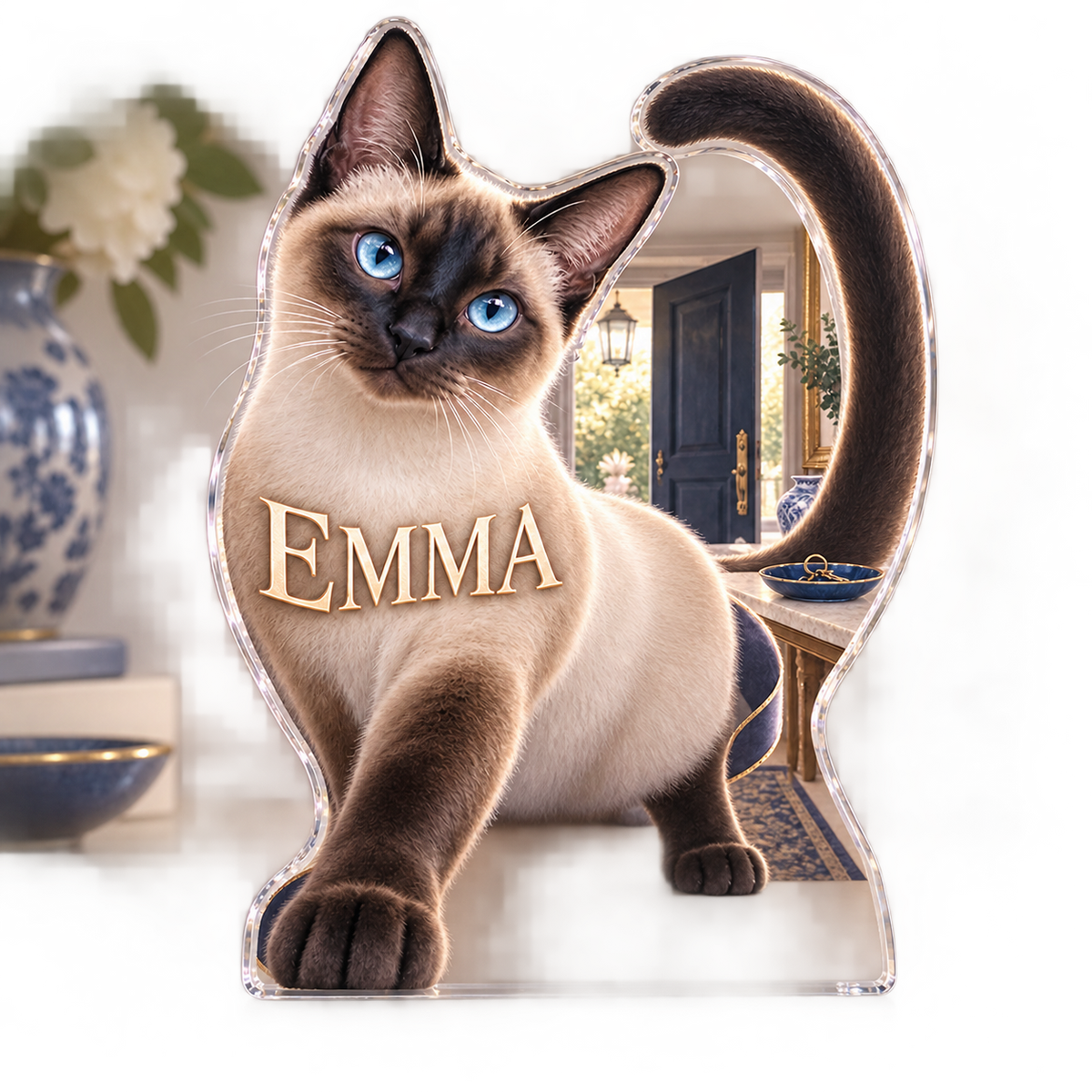 Artwork visualization: Siamese cat — household welcome decor, personalized EMMA, subject-shaped acrylic with printed optical 3D depth; not carved relief.