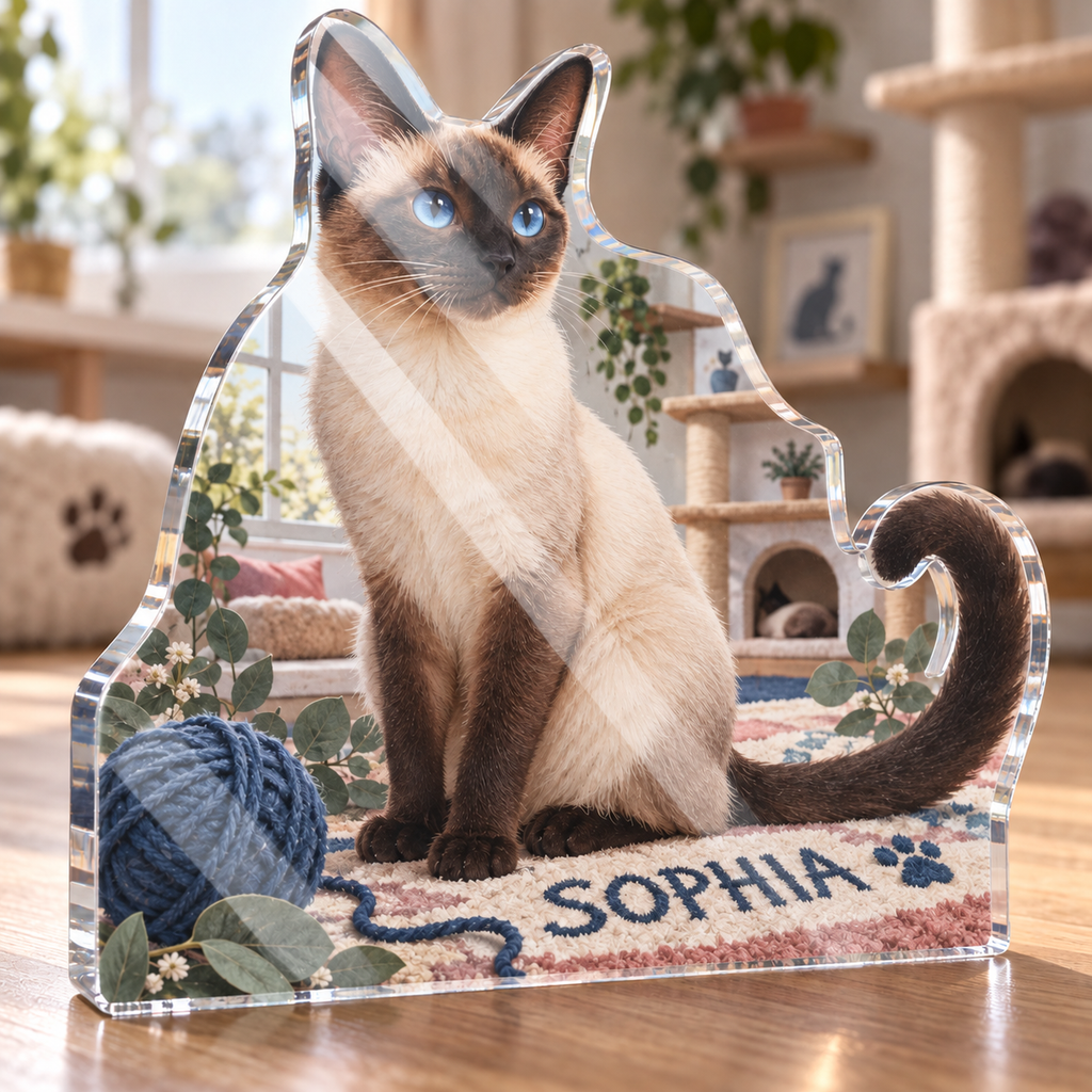 Artwork visualization: Siamese cat — pet room decoration, personalized SOPHIA, subject-shaped acrylic with printed optical 3D depth; not carved relief.