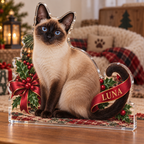 Artwork visualization: Siamese cat — new pet parent gift, personalized LUNA, subject-shaped acrylic with printed optical 3D depth; not carved relief.