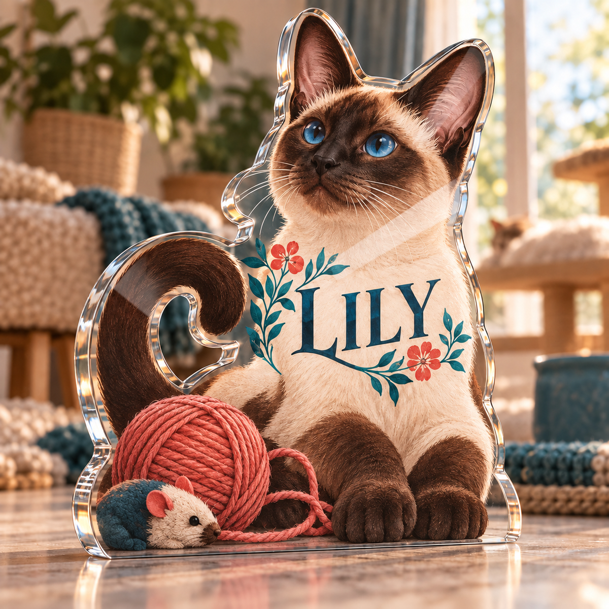 Artwork visualization: Siamese cat — pet sitter appreciation, personalized LILY, subject-shaped acrylic with printed optical 3D depth; not carved relief.