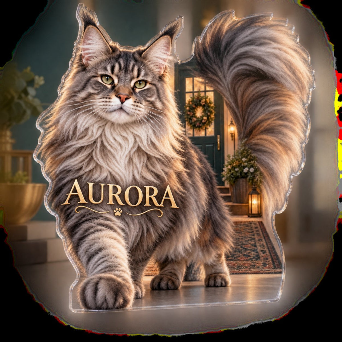 Personalized Maine Coon Cat Household Welcome Decor custom shape acrylic plaque with an example name set into the artwork, digital preview