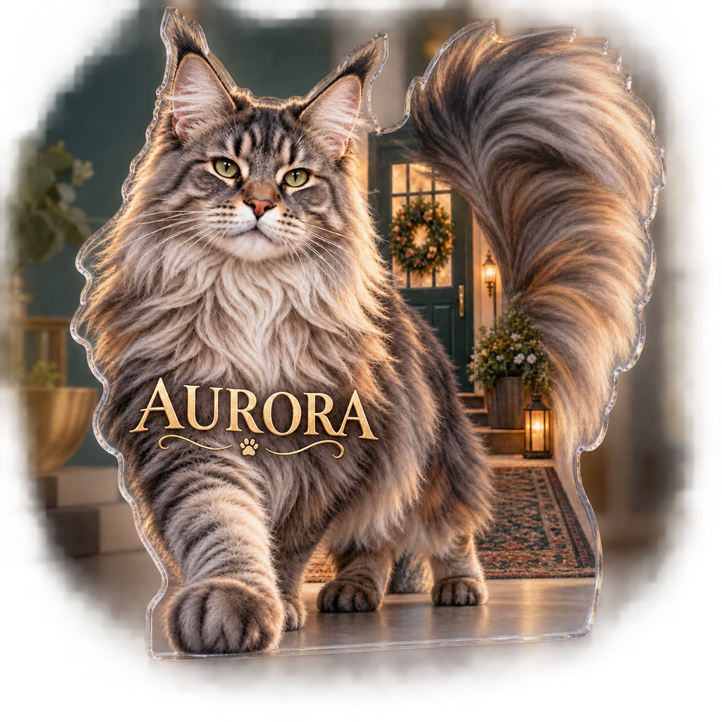 Artwork visualization: Maine coon cat — household welcome decor, personalized AURORA, subject-shaped acrylic with printed optical 3D depth; not carved relief.