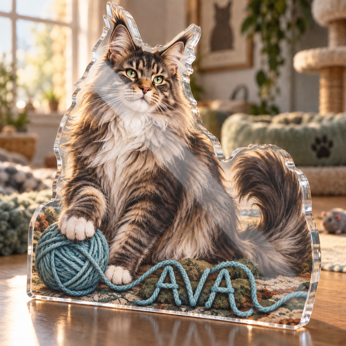 Artwork visualization: Maine coon cat — pet room decoration, personalized AVA, subject-shaped acrylic with printed optical 3D depth; not carved relief.