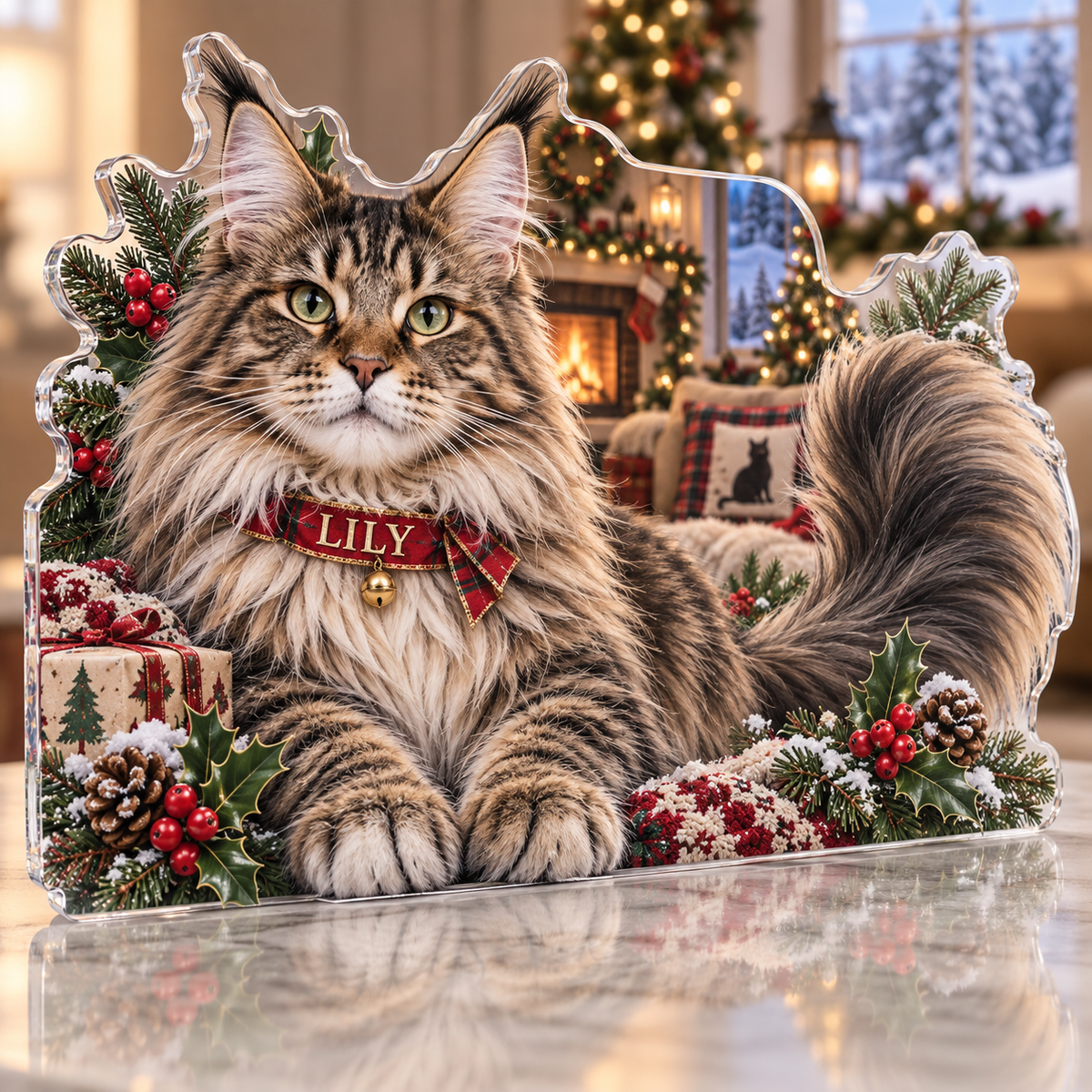 Artwork visualization: Maine coon cat — new pet parent gift, personalized LILY, subject-shaped acrylic with printed optical 3D depth; not carved relief.