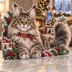 Artwork visualization: Maine coon cat — new pet parent gift, personalized LILY, subject-shaped acrylic with printed optical 3D depth; not carved relief.