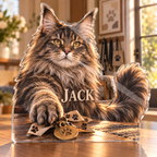 Artwork visualization: Maine coon cat — pet sitter appreciation, personalized JACK, subject-shaped acrylic with printed optical 3D depth; not carved relief.
