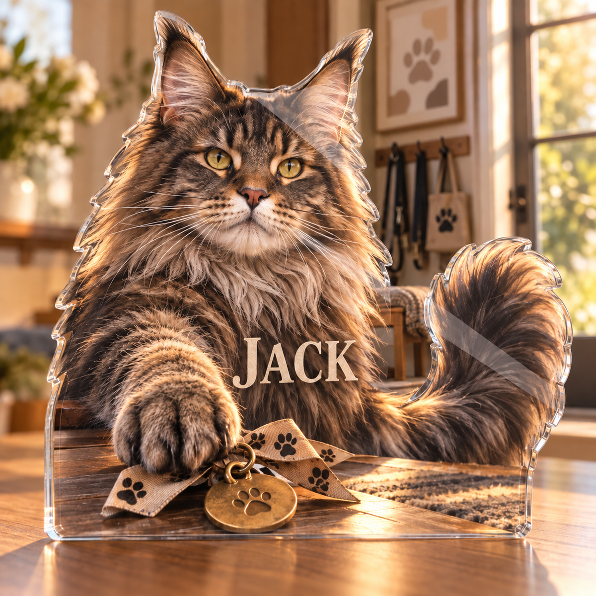 Artwork visualization: Maine coon cat — pet sitter appreciation, personalized JACK, subject-shaped acrylic with printed optical 3D depth; not carved relief.
