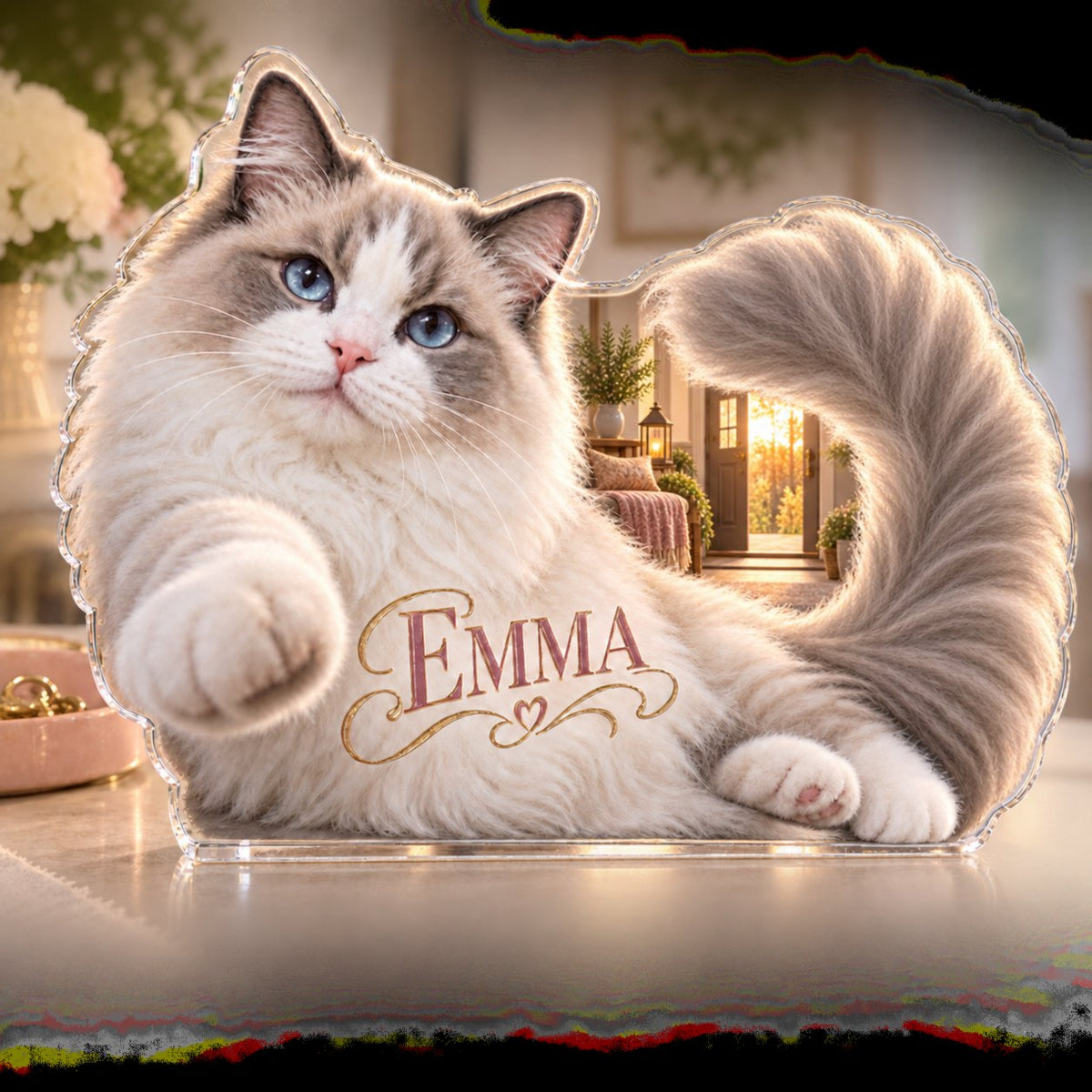 Personalized Ragdoll Cat Household Welcome Decor custom shape acrylic plaque with an example name set into the artwork, digital preview