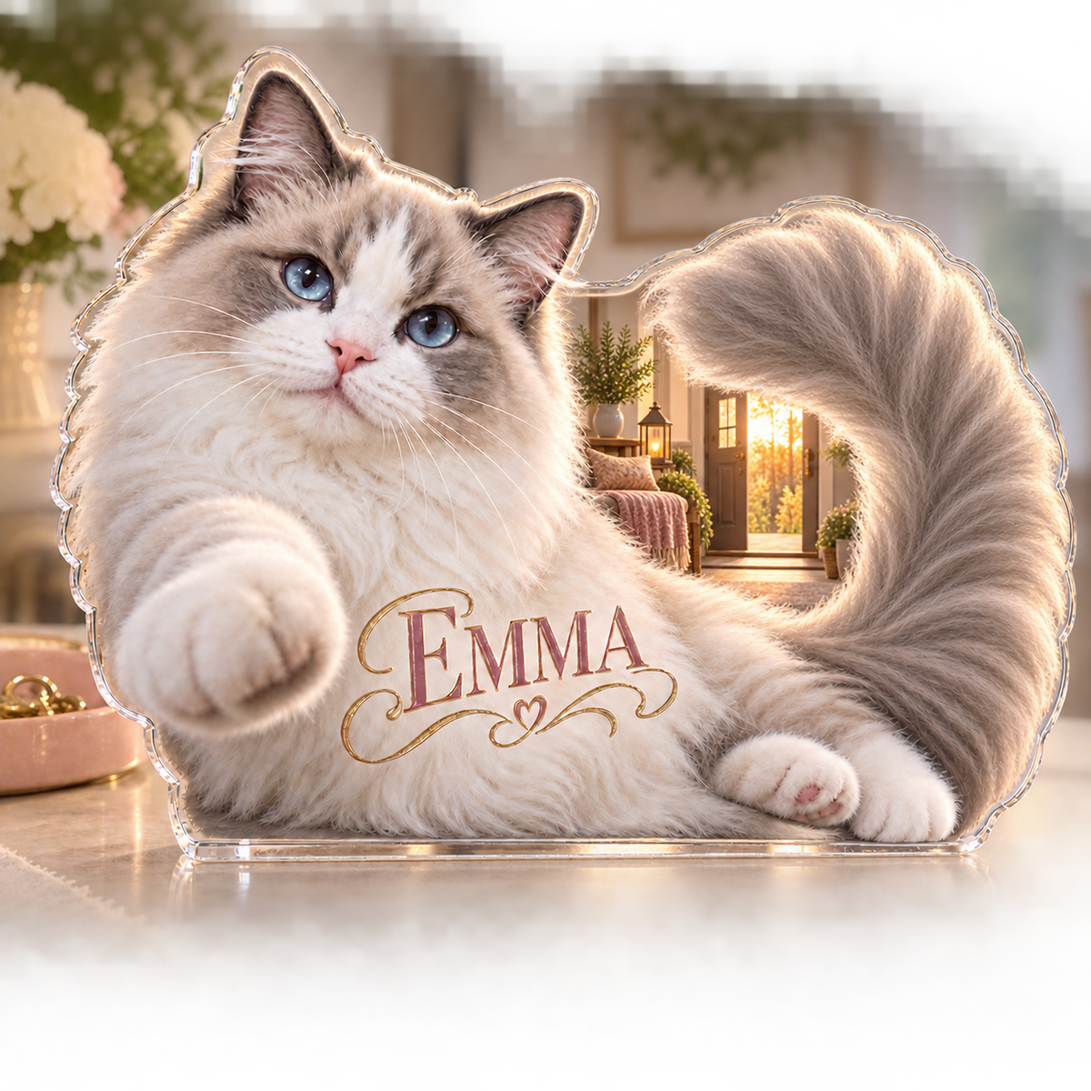 Artwork visualization: Ragdoll cat — household welcome decor, personalized EMMA, subject-shaped acrylic with printed optical 3D depth; not carved relief.