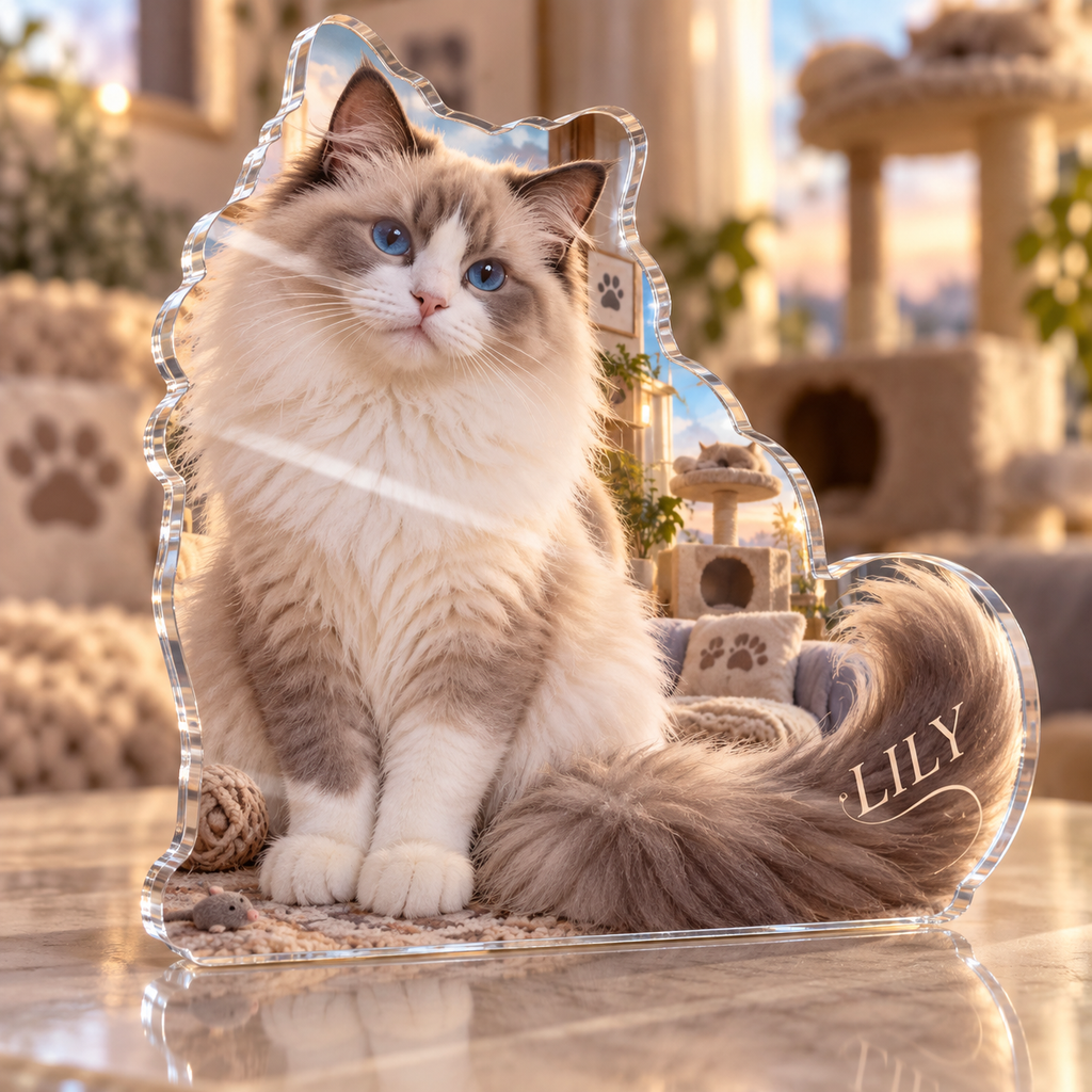 Artwork visualization: Ragdoll cat — pet room decoration, personalized LILY, subject-shaped acrylic with printed optical 3D depth; not carved relief.