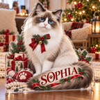 Artwork visualization: Ragdoll cat — new pet parent gift, personalized SOPHIA, subject-shaped acrylic with printed optical 3D depth; not carved relief.