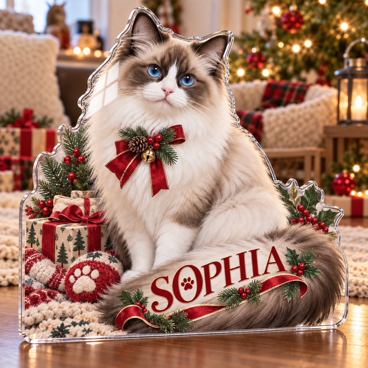Artwork visualization: Ragdoll cat — new pet parent gift, personalized SOPHIA, subject-shaped acrylic with printed optical 3D depth; not carved relief.
