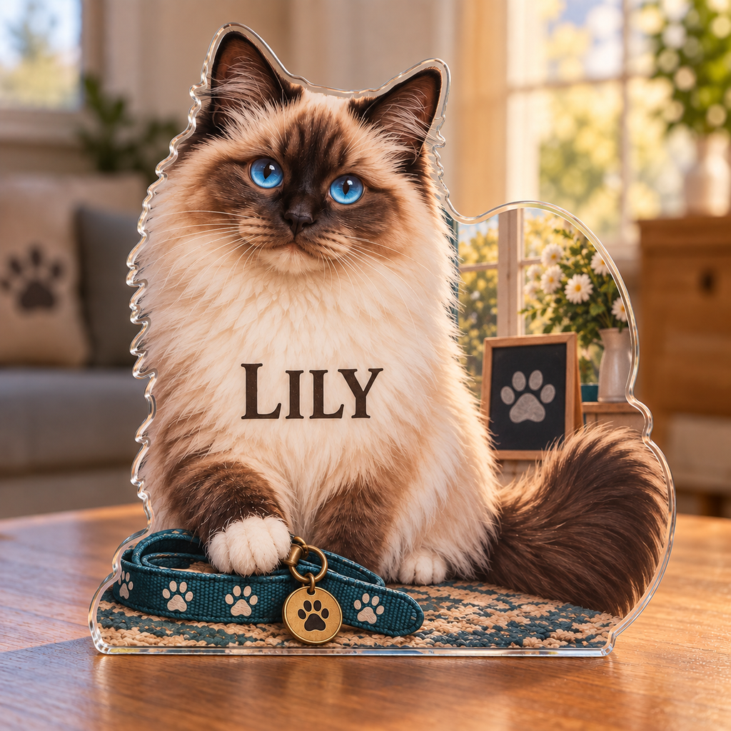Artwork visualization: Ragdoll cat — pet sitter appreciation, personalized LILY, subject-shaped acrylic with printed optical 3D depth; not carved relief.