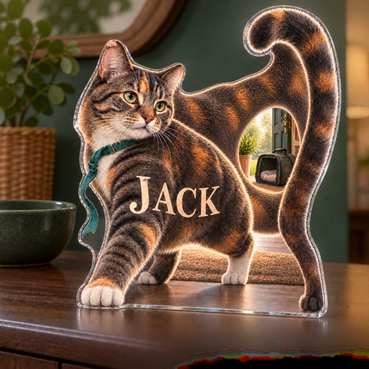 Personalized Rescue Cat Household Welcome Decor custom shape acrylic plaque with an example name set into the artwork, digital preview