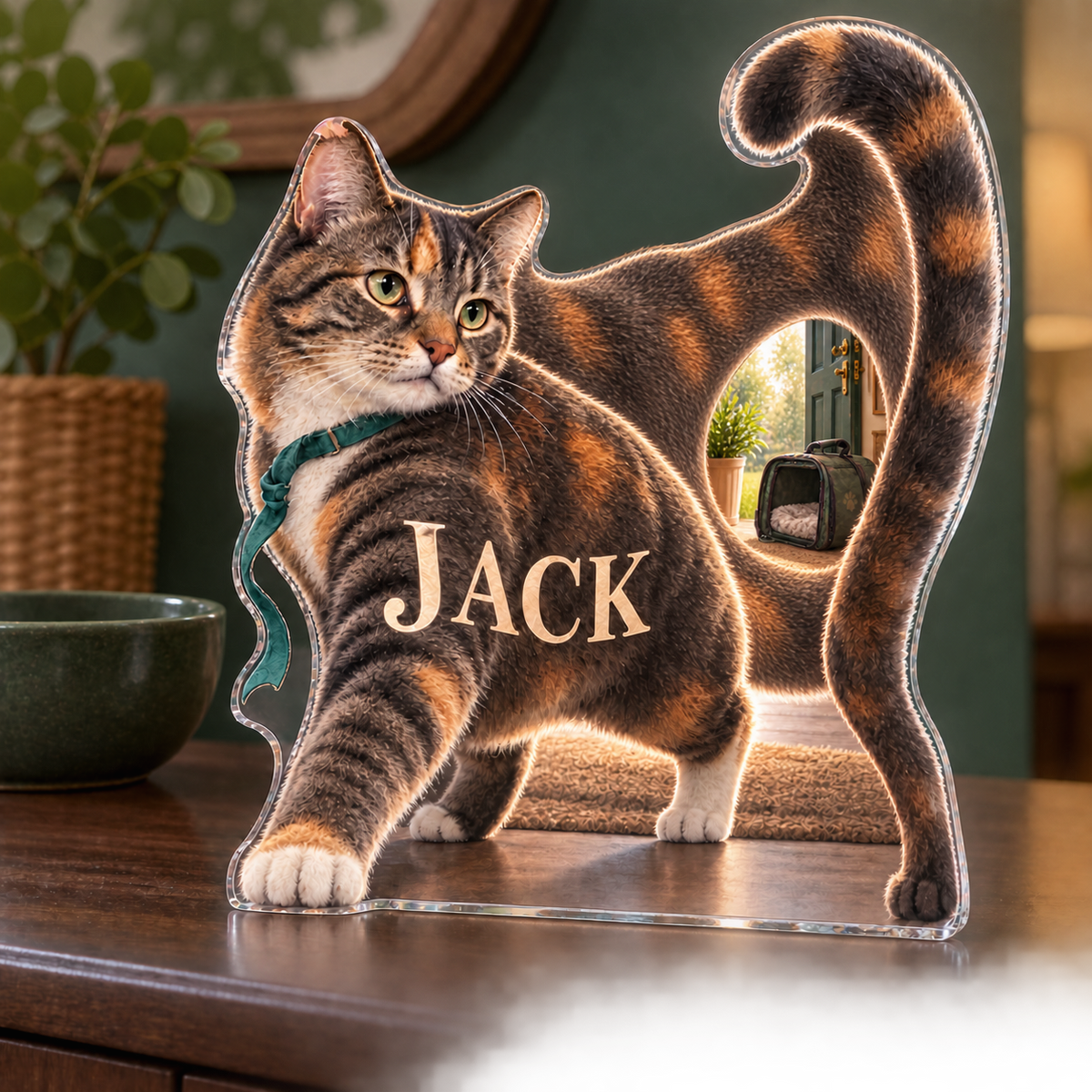 Artwork visualization: Rescue cat — household welcome decor, personalized JACK, subject-shaped acrylic with printed optical 3D depth; not carved relief.