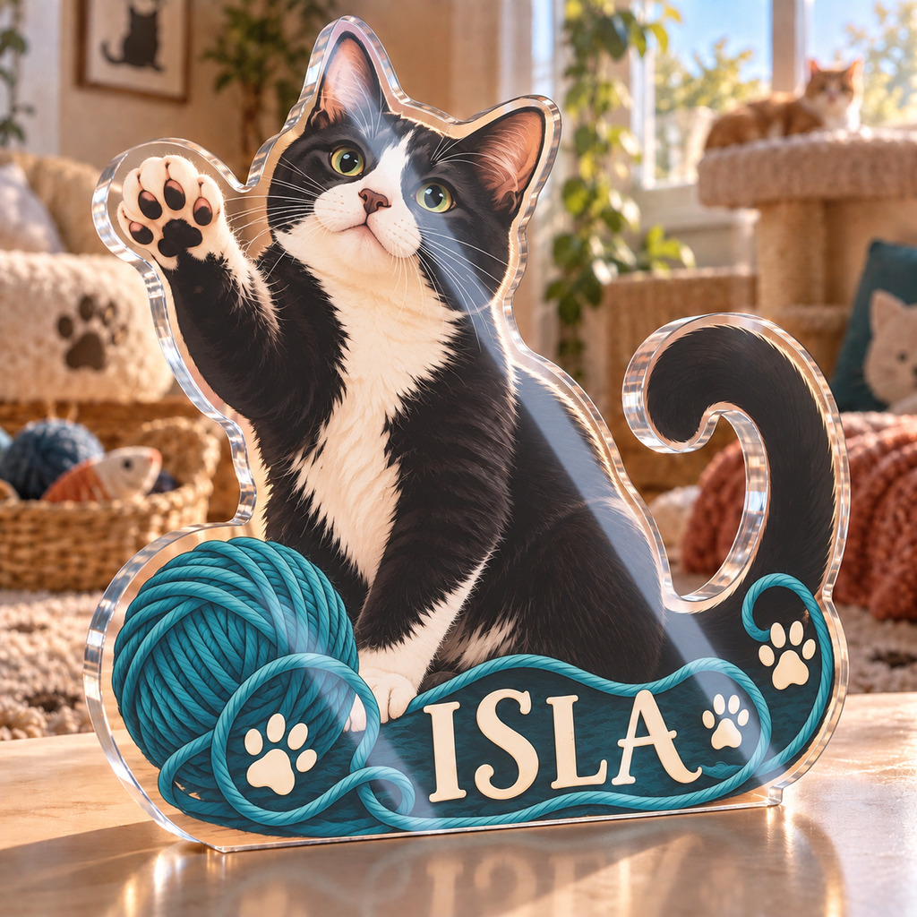Artwork visualization: Rescue cat — pet room decoration, personalized ISLA, subject-shaped acrylic with printed optical 3D depth; not carved relief.