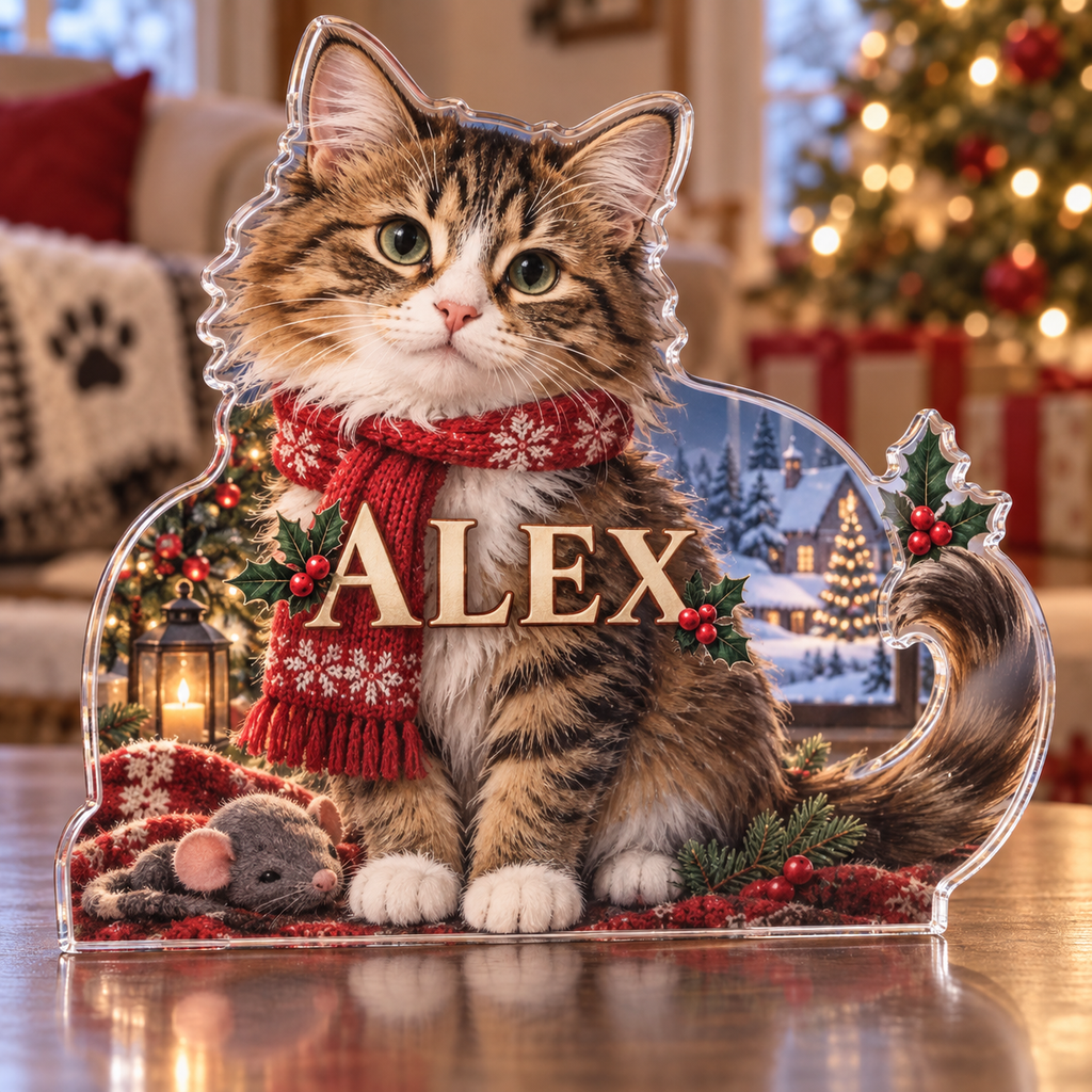 Artwork visualization: Rescue cat — new pet parent gift, personalized ALEX, subject-shaped acrylic with printed optical 3D depth; not carved relief.