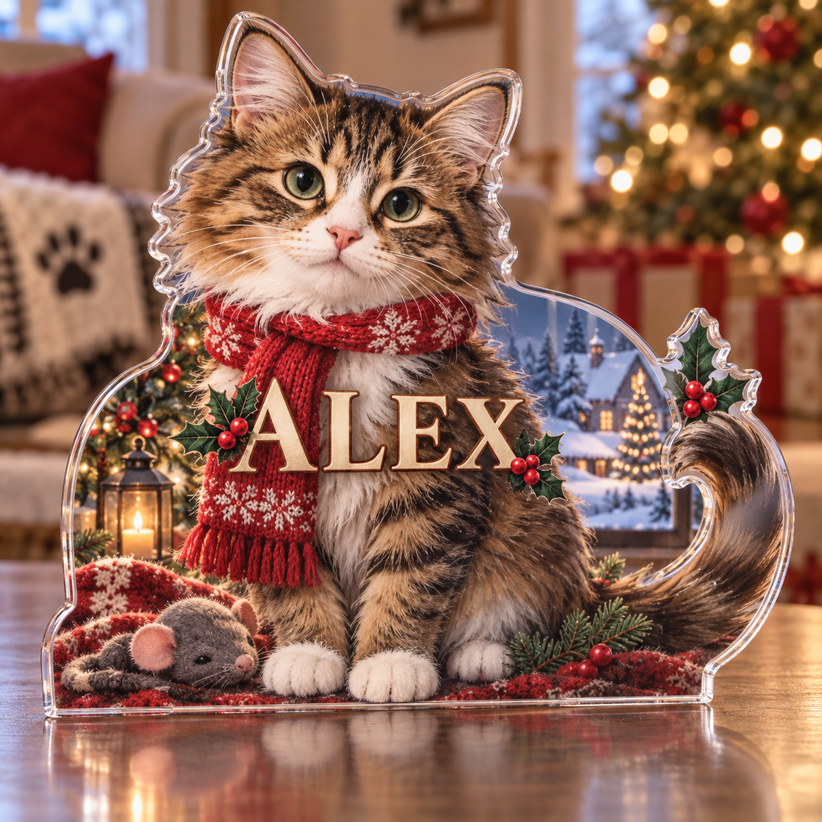 Artwork visualization: Rescue cat — new pet parent gift, personalized ALEX, subject-shaped acrylic with printed optical 3D depth; not carved relief.