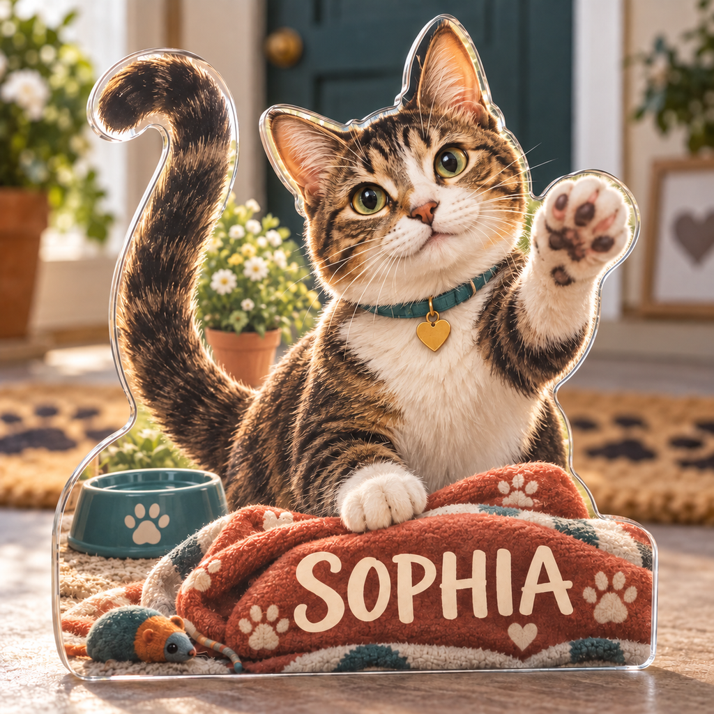 Artwork visualization: Rescue cat — pet sitter appreciation, personalized SOPHIA, subject-shaped acrylic with printed optical 3D depth; not carved relief.