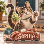 Artwork visualization: Rescue cat — pet sitter appreciation, personalized SOPHIA, subject-shaped acrylic with printed optical 3D depth; not carved relief.