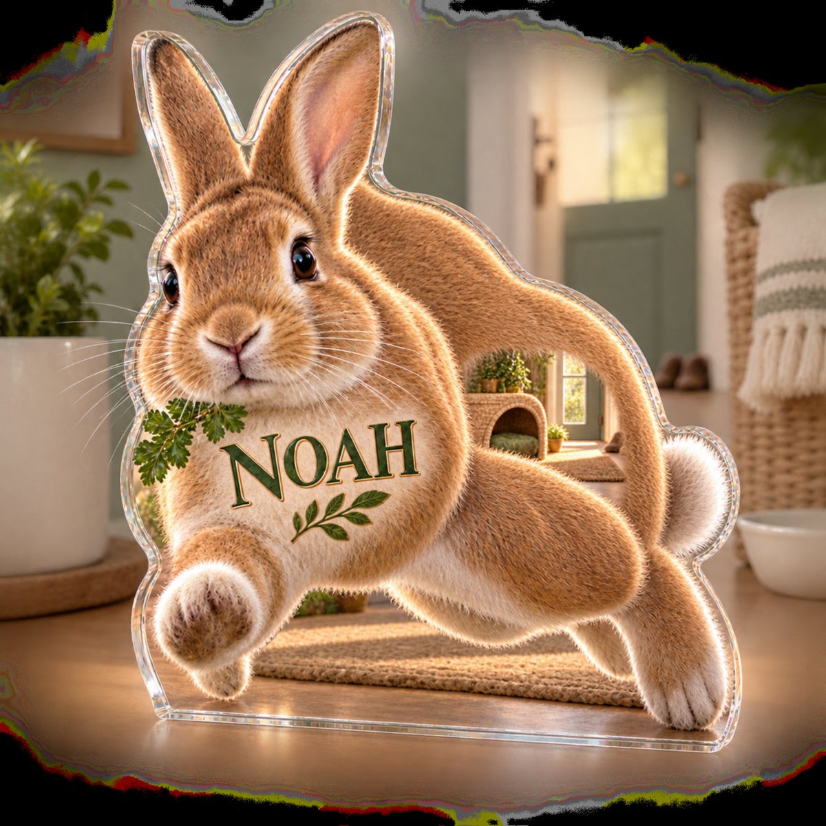 Personalized House Rabbit Household Welcome Decor custom shape acrylic plaque with an example name set into the artwork, digital preview