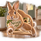 Artwork visualization: House rabbit — household welcome decor, personalized NOAH, subject-shaped acrylic with printed optical 3D depth; not carved relief.