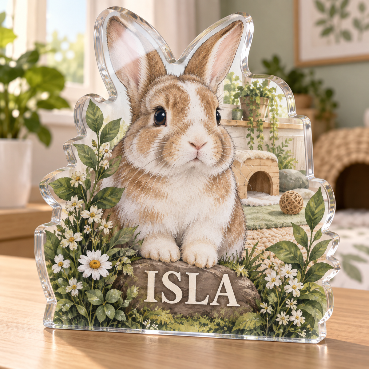 Artwork visualization: House rabbit — pet room decoration, personalized ISLA, subject-shaped acrylic with printed optical 3D depth; not carved relief.