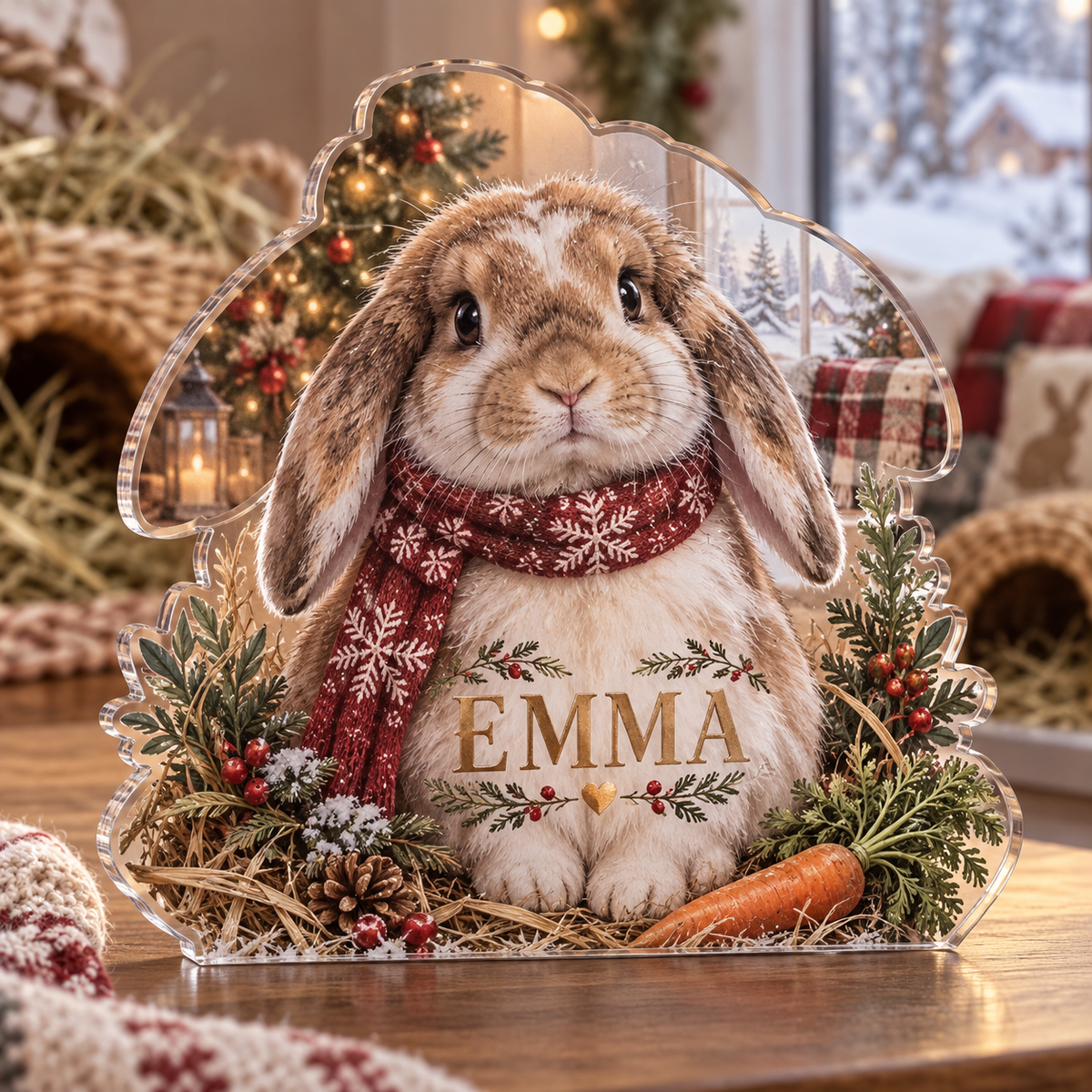 Artwork visualization: House rabbit — new pet parent gift, personalized EMMA, subject-shaped acrylic with printed optical 3D depth; not carved relief.