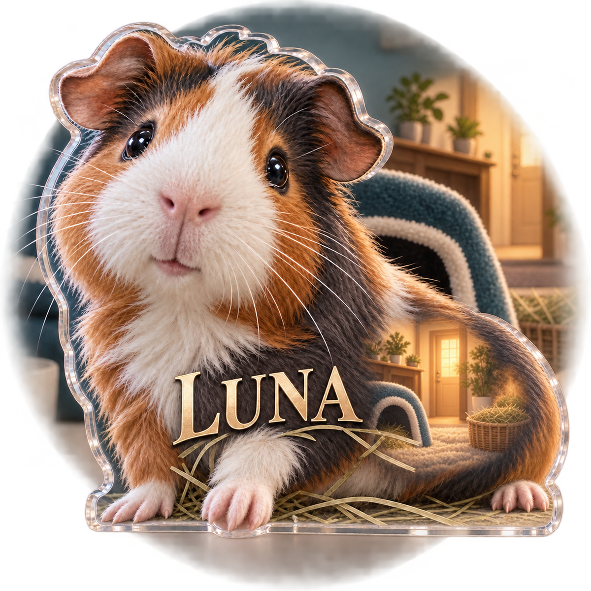 Artwork visualization: Guinea pig — household welcome decor, personalized LUNA, subject-shaped acrylic with printed optical 3D depth; not carved relief.