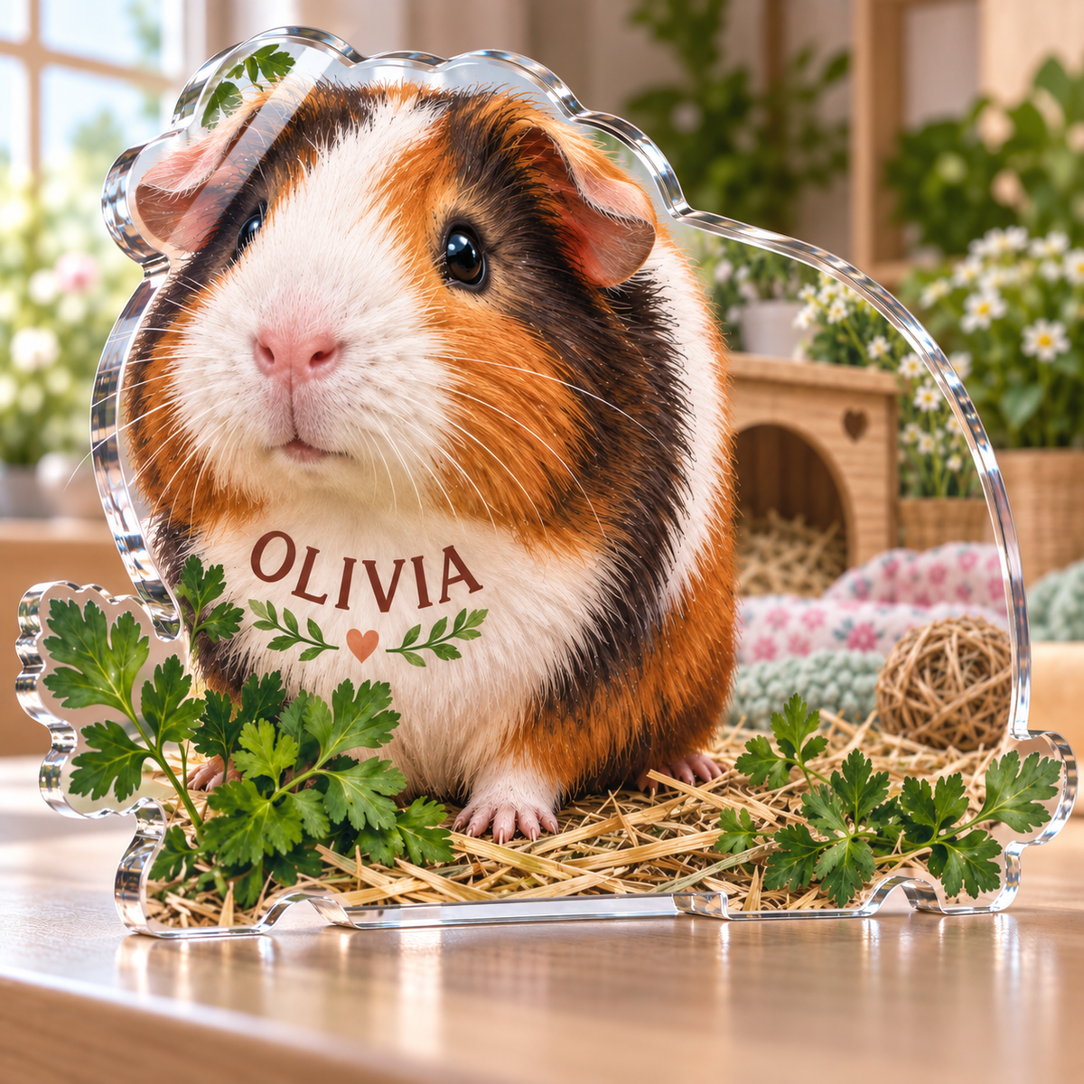 Artwork visualization: Guinea pig — pet room decoration, personalized OLIVIA, subject-shaped acrylic with printed optical 3D depth; not carved relief.