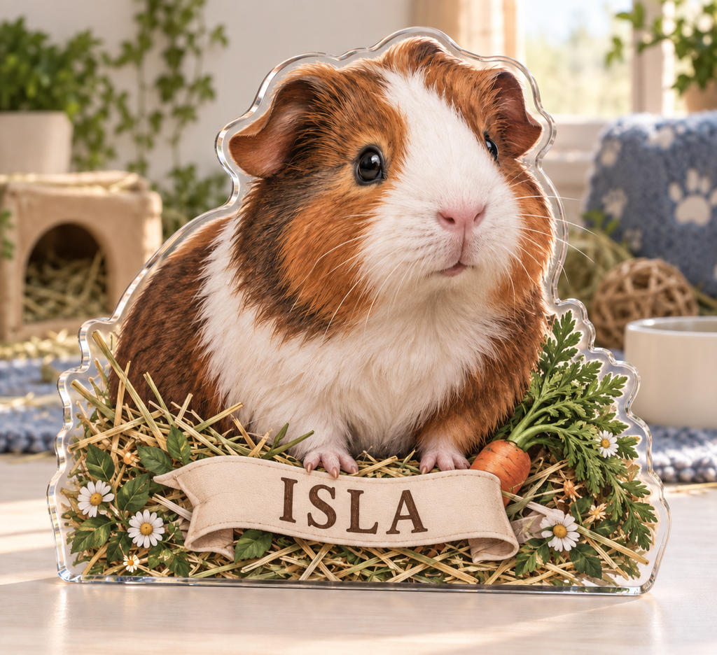 Artwork visualization: Guinea pig — pet sitter appreciation, personalized ISLA, subject-shaped acrylic with printed optical 3D depth; not carved relief.