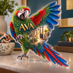 Artwork visualization: Parrot companion — household welcome decor, personalized AVA, subject-shaped acrylic with printed optical 3D depth; not carved relief.