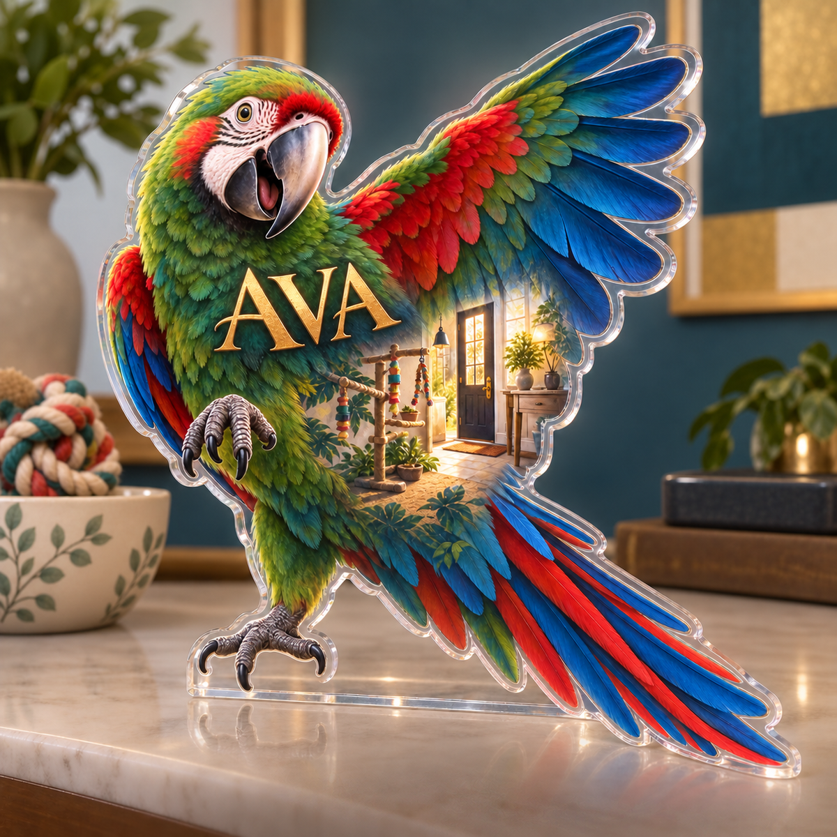 Artwork visualization: Parrot companion — household welcome decor, personalized AVA, subject-shaped acrylic with printed optical 3D depth; not carved relief.