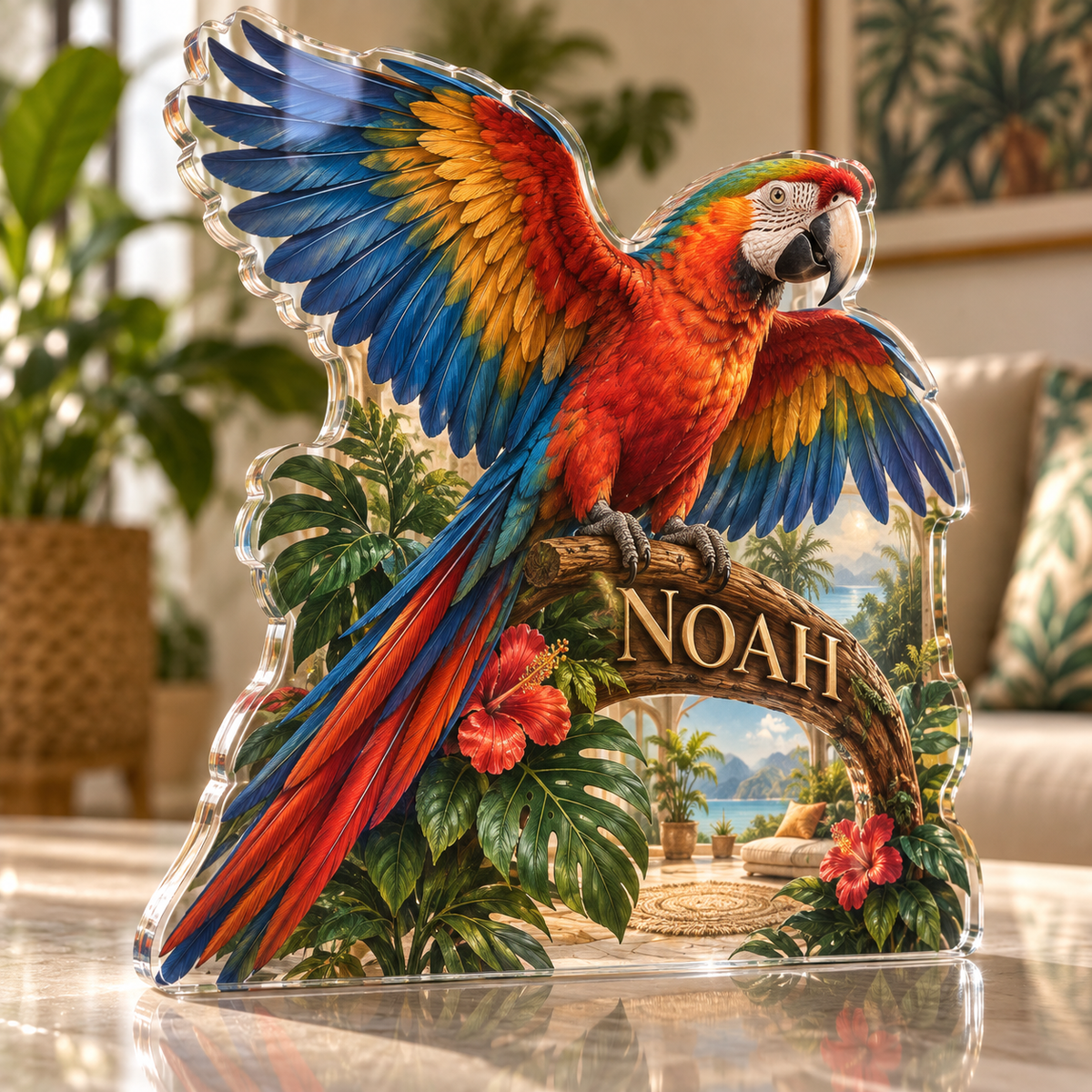Artwork visualization: Parrot companion — pet room decoration, personalized NOAH, subject-shaped acrylic with printed optical 3D depth; not carved relief.