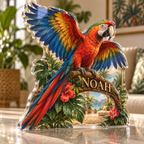 Artwork visualization: Parrot companion — pet room decoration, personalized NOAH, subject-shaped acrylic with printed optical 3D depth; not carved relief.