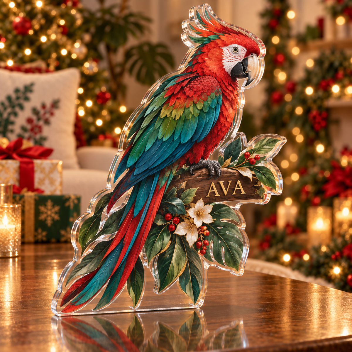 Artwork visualization: Parrot companion — new pet parent gift, personalized AVA, subject-shaped acrylic with printed optical 3D depth; not carved relief.
