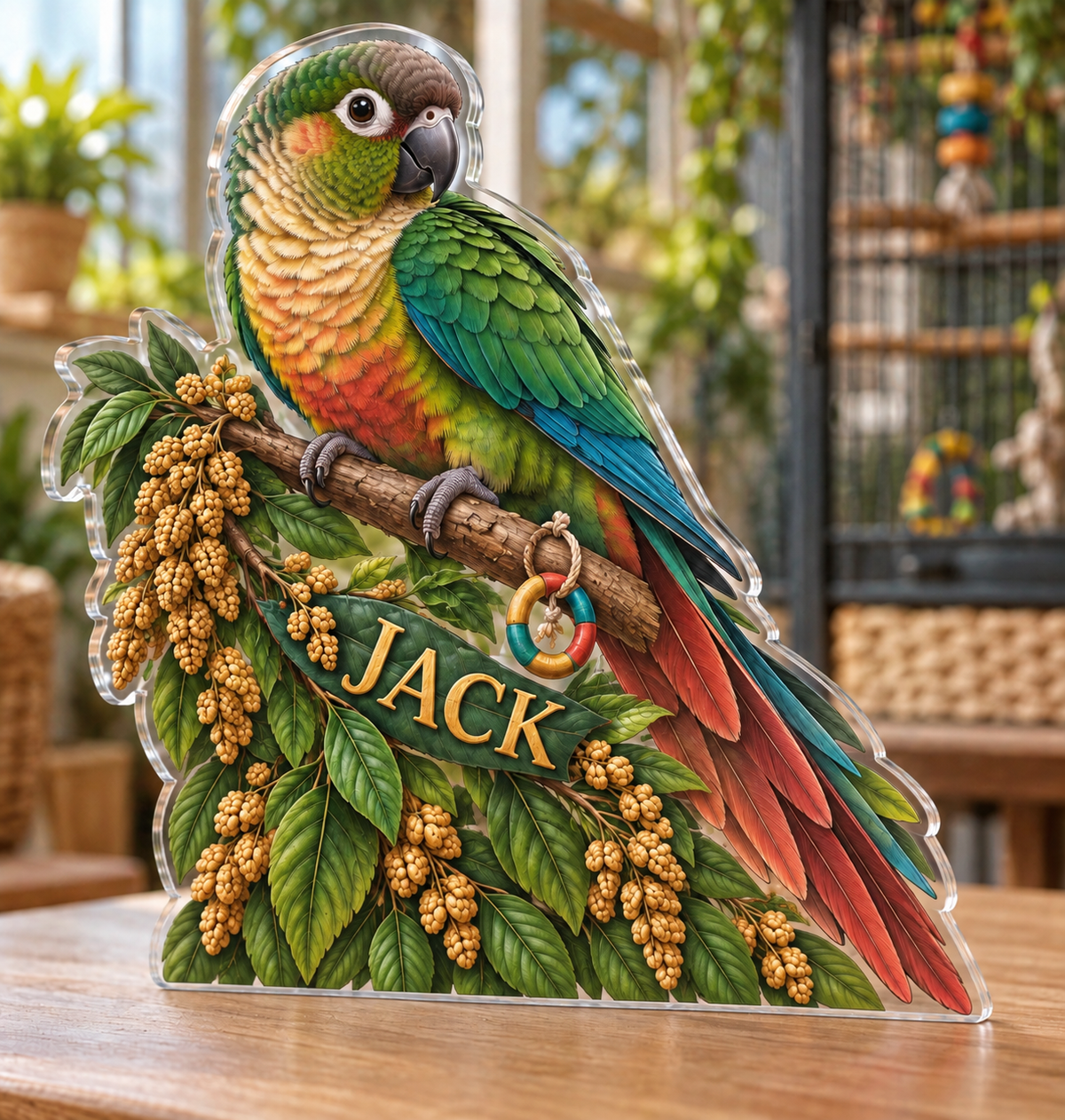 Artwork visualization: Parrot companion — pet sitter appreciation, personalized JACK, subject-shaped acrylic with printed optical 3D depth; not carved relief.