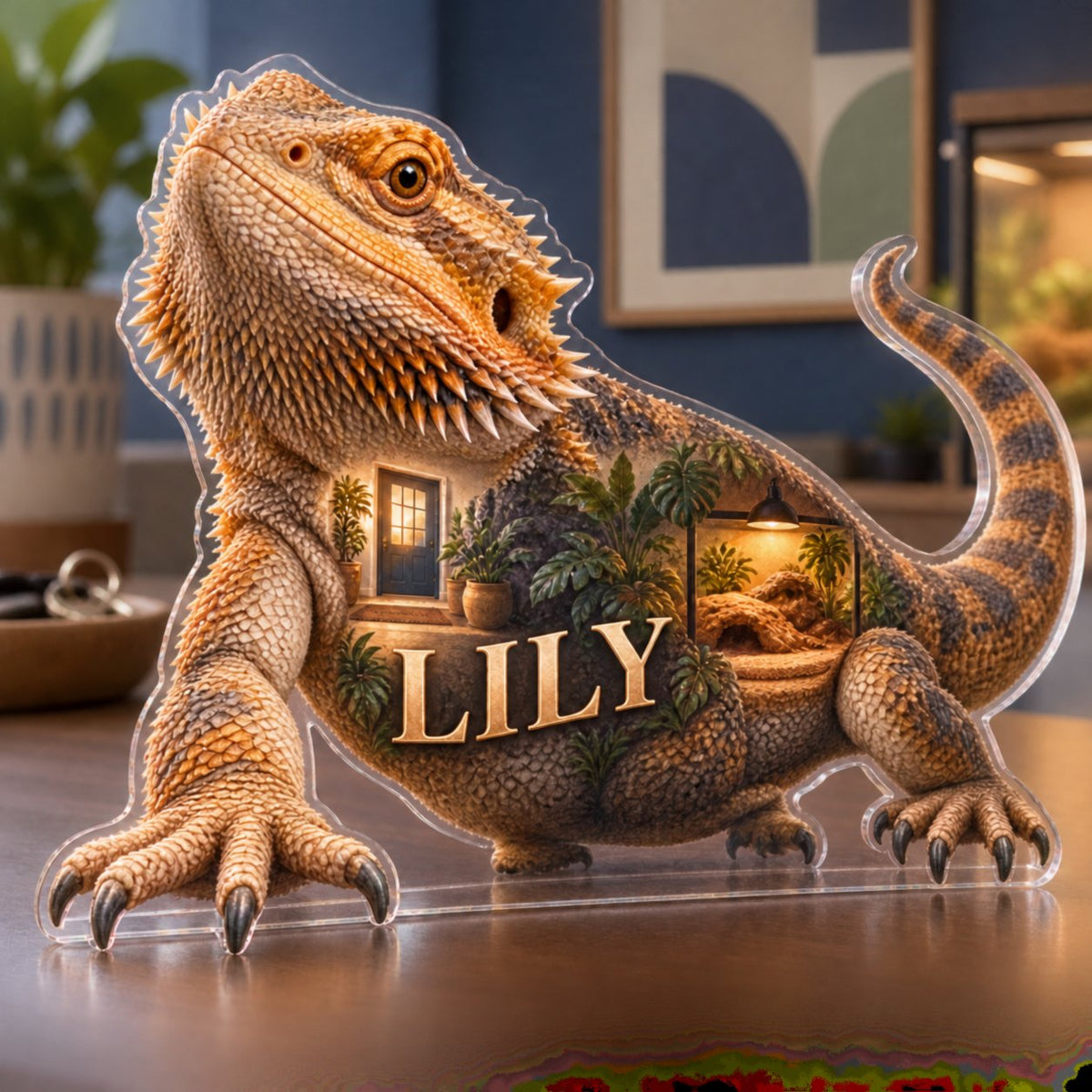 Personalized Bearded Dragon Household Welcome Decor custom shape acrylic plaque with an example name set into the artwork, digital preview