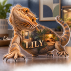 Artwork visualization: Bearded dragon — household welcome decor, personalized LILY, subject-shaped acrylic with printed optical 3D depth; not carved relief.
