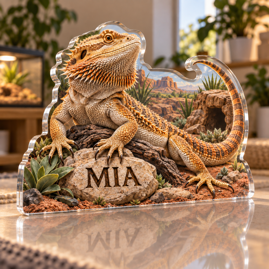 Artwork visualization: Bearded dragon — pet room decoration, personalized MIA, subject-shaped acrylic with printed optical 3D depth; not carved relief.