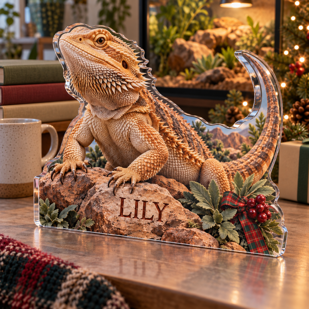 Artwork visualization: Bearded dragon — new pet parent gift, personalized LILY, subject-shaped acrylic with printed optical 3D depth; not carved relief.