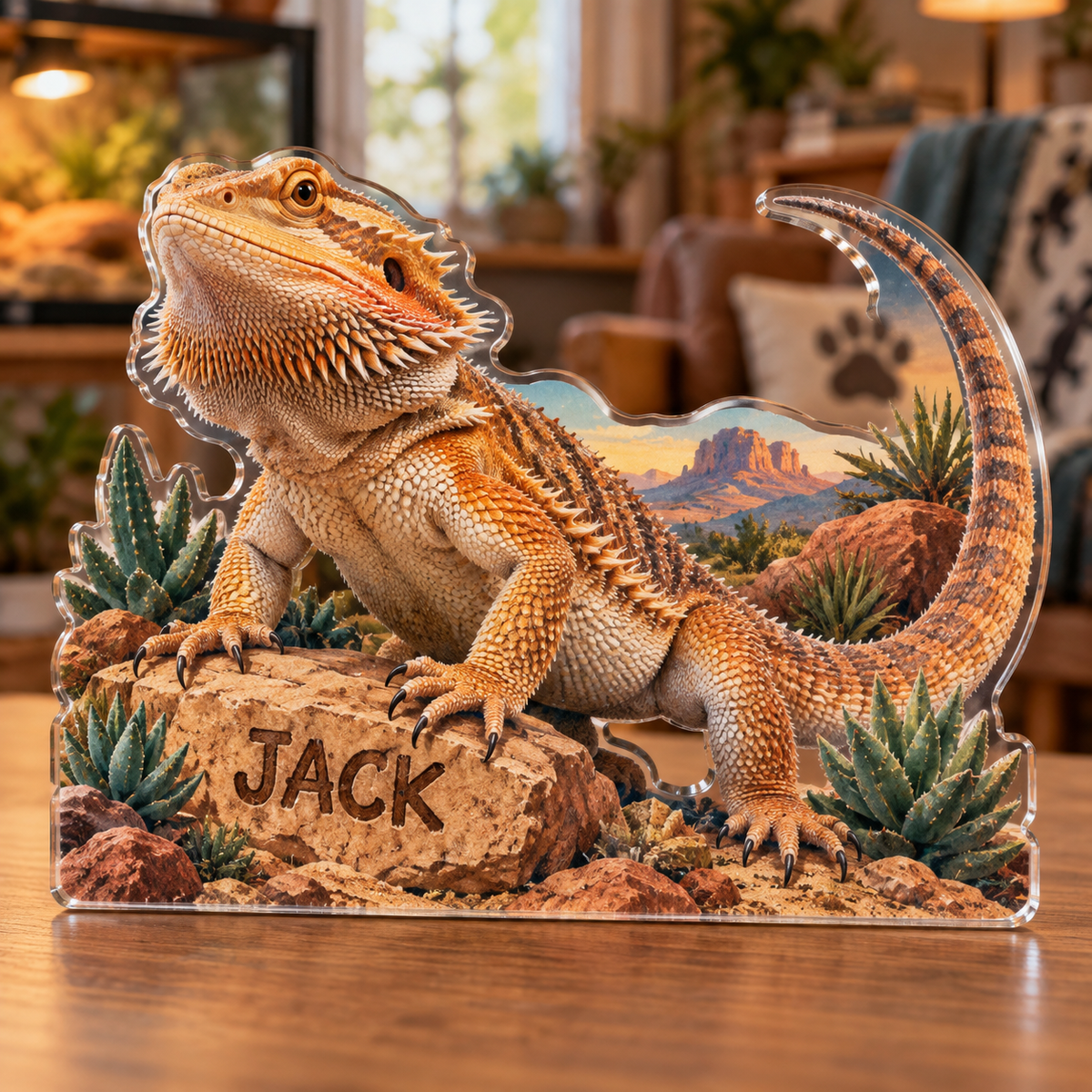 Artwork visualization: Bearded dragon — pet sitter appreciation, personalized JACK, subject-shaped acrylic with printed optical 3D depth; not carved relief.