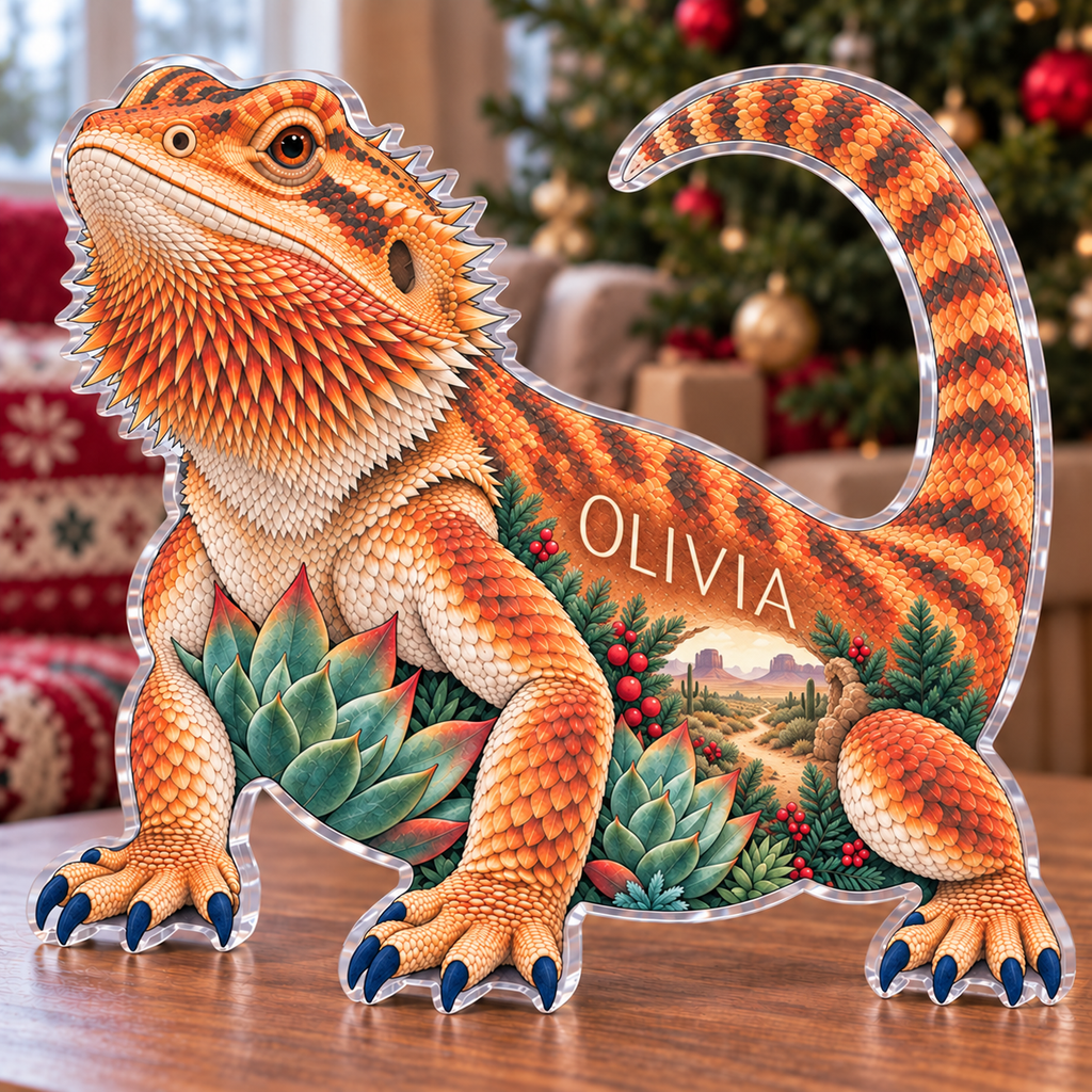 Personalized Bearded Dragon — Holiday Family Inclusion acrylic plaque with an example name set into the artwork, digital preview