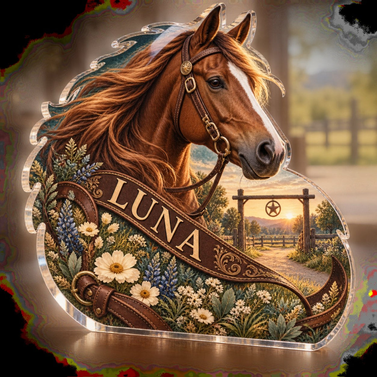 Personalized Horse Companion Household Welcome Decor custom shape acrylic plaque with an example name set into the artwork, digital preview