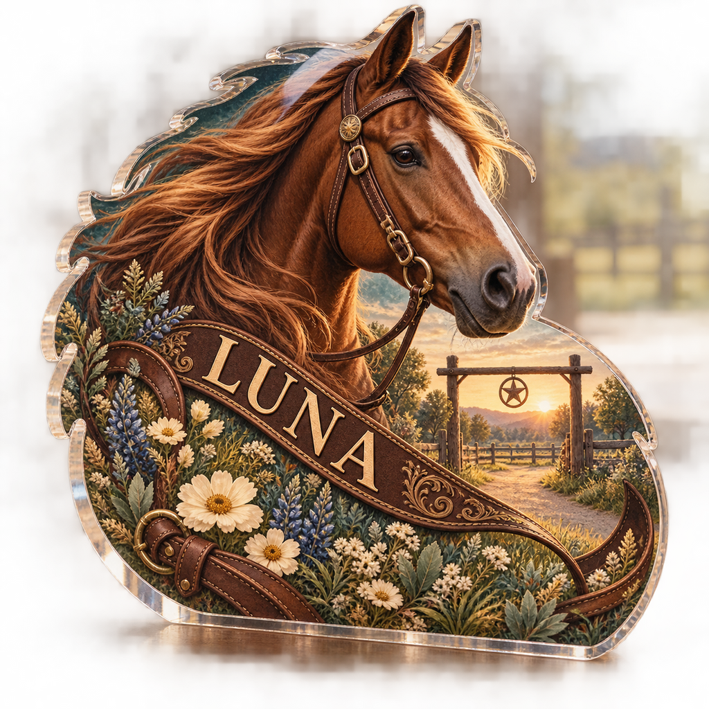 Artwork visualization: Horse companion — household welcome decor, personalized LUNA, subject-shaped acrylic with printed optical 3D depth; not carved relief.