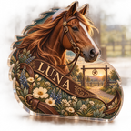 Artwork visualization: Horse companion — household welcome decor, personalized LUNA, subject-shaped acrylic with printed optical 3D depth; not carved relief.